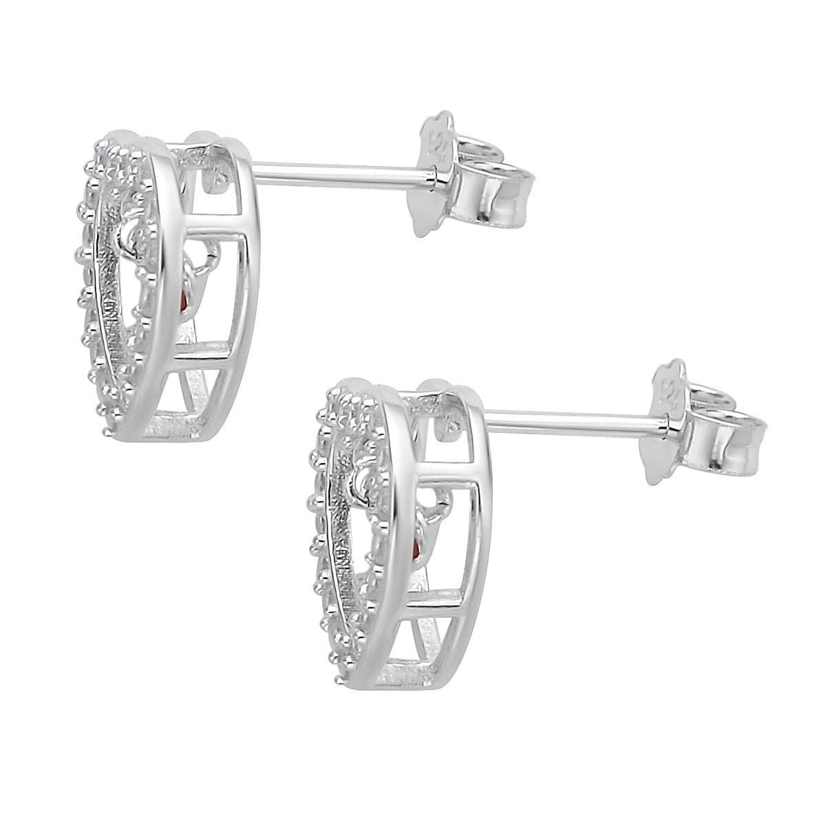 Simulated Red and White Diamond Heart Shape Dancing Earrings in Rhodium Over Sterling Silver 1.50 ctw image number 3