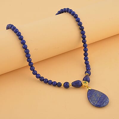 Lapis Lazuli and Simulated Emerald Beaded Necklace 18-20 Inches in Goldtone 161.00 ctw