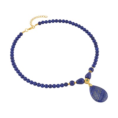 Lapis Lazuli and Simulated Emerald Beaded Necklace 18-20 Inches in Goldtone 161.00 ctw