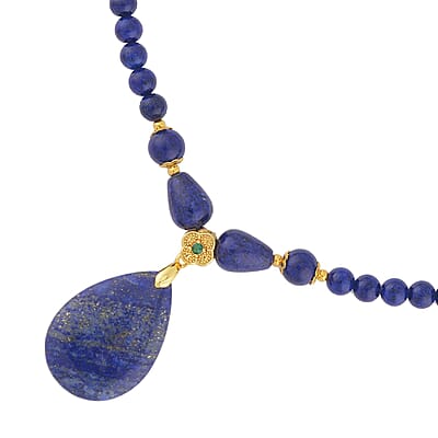 Lapis Lazuli and Simulated Emerald Beaded Necklace 18-20 Inches in Goldtone 161.00 ctw