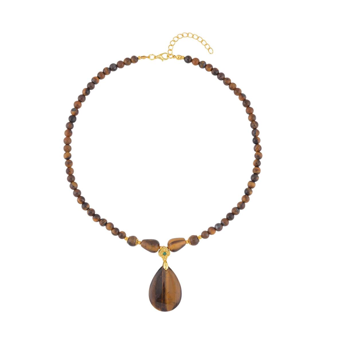 Tiger's Eye and Simulated Emerald Beaded Necklace 18-20 Inches in Goldtone 161.00 ctw image number 0