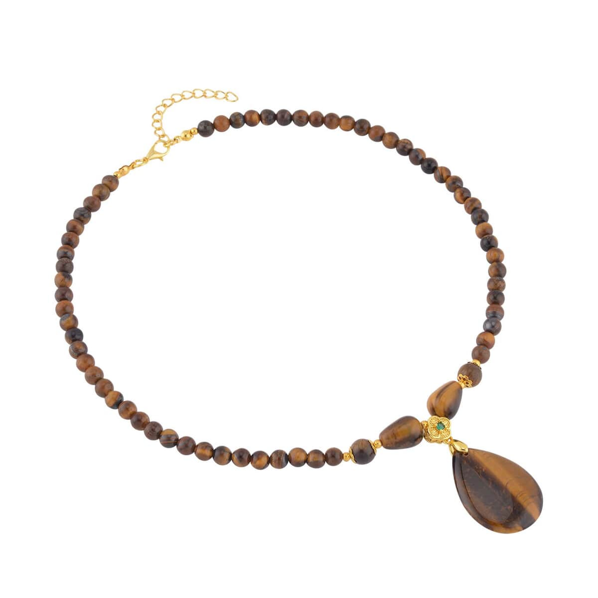 Tiger's Eye and Simulated Emerald Beaded Necklace 18-20 Inches in Goldtone 161.00 ctw image number 2