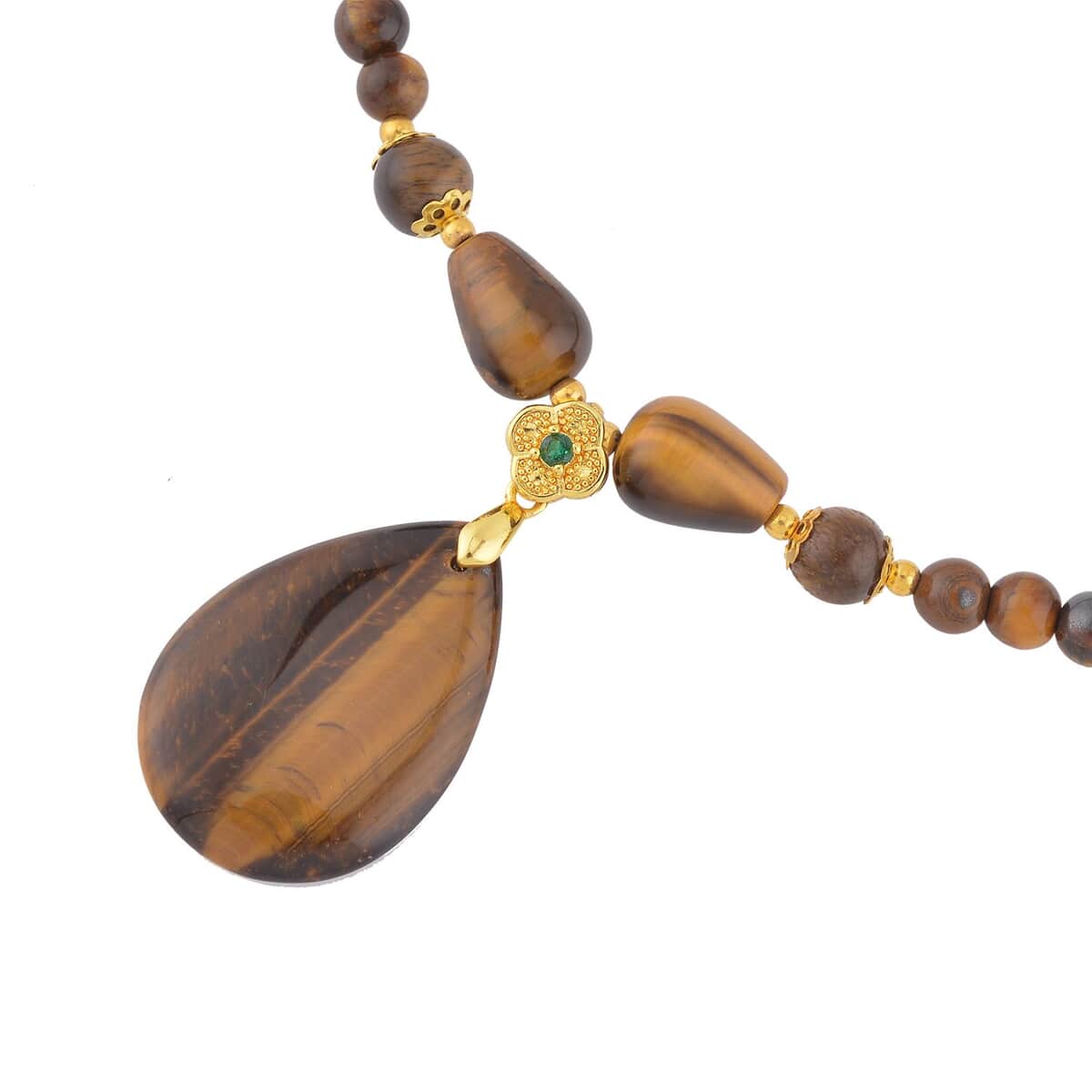 Tiger's Eye and Simulated Emerald Beaded Necklace 18-20 Inches in Goldtone 161.00 ctw image number 3