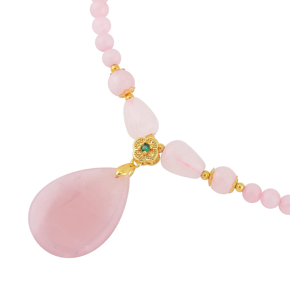 Galilea Rose Quartz and Simulated Emerald Beaded Necklace 18-20 Inches in Goldtone 157.50 ctw image number 3