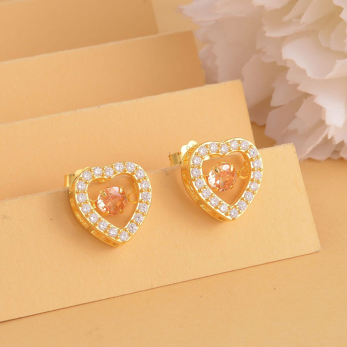 Simulated Champagne and White Diamond Heart Shape Dancing Earrings in 14K Yellow Gold Over Sterling Silver 1.50 ctw image number 1