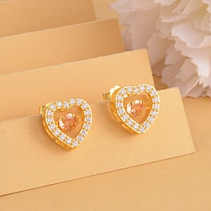 Simulated Champagne and White Diamond Heart Shape Dancing Earrings in 14K Yellow Gold Over Sterling Silver 1.50 ctw