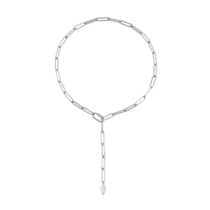 White Glass Lariat Necklace (22 Inches) in Stainless Steel , Tarnish-Free, Waterproof, Sweat Proof Jewelry