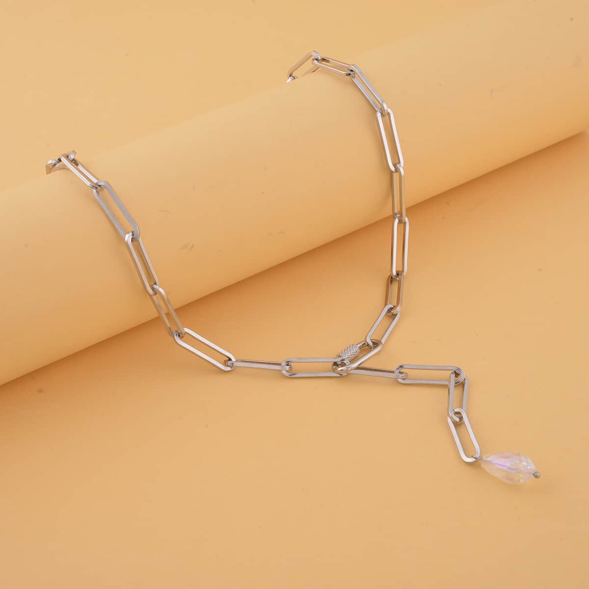 White Glass Lariat Necklace 22 Inches in Stainless Steel image number 1