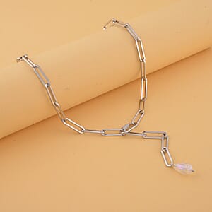 White Glass Lariat Necklace (22 Inches) in Stainless Steel , Tarnish-Free, Waterproof, Sweat Proof Jewelry