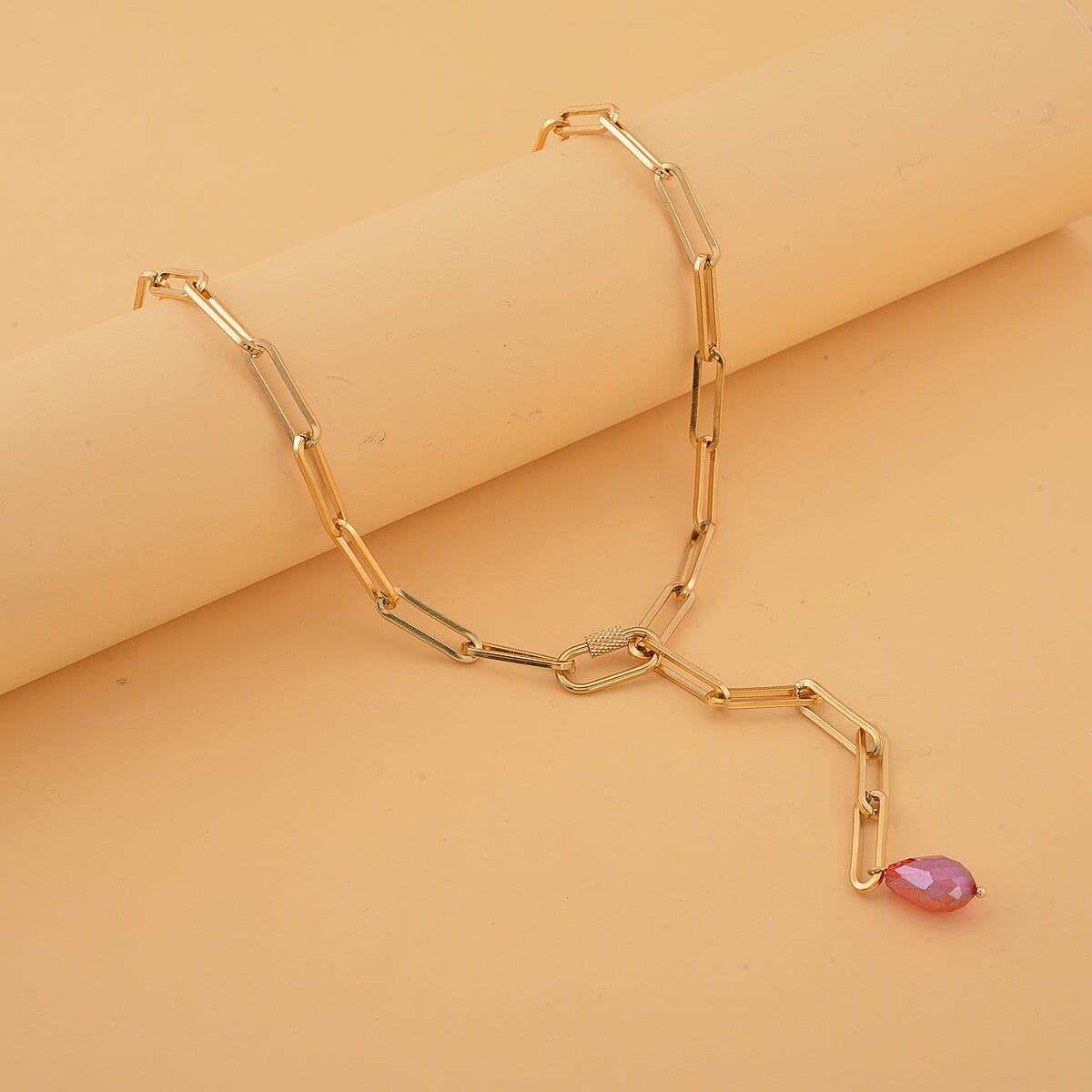 Red Glass Lariat Necklace (22 Inches) in ION Plated YG Stainless Steel , Tarnish-Free, Waterproof, Sweat Proof Jewelry image number 1