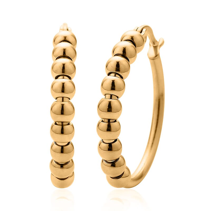25mm Beaded Hoop Earrings in ION Plated YG Stainless Steel , Tarnish-Free, Waterproof, Sweat Proof Jewelry