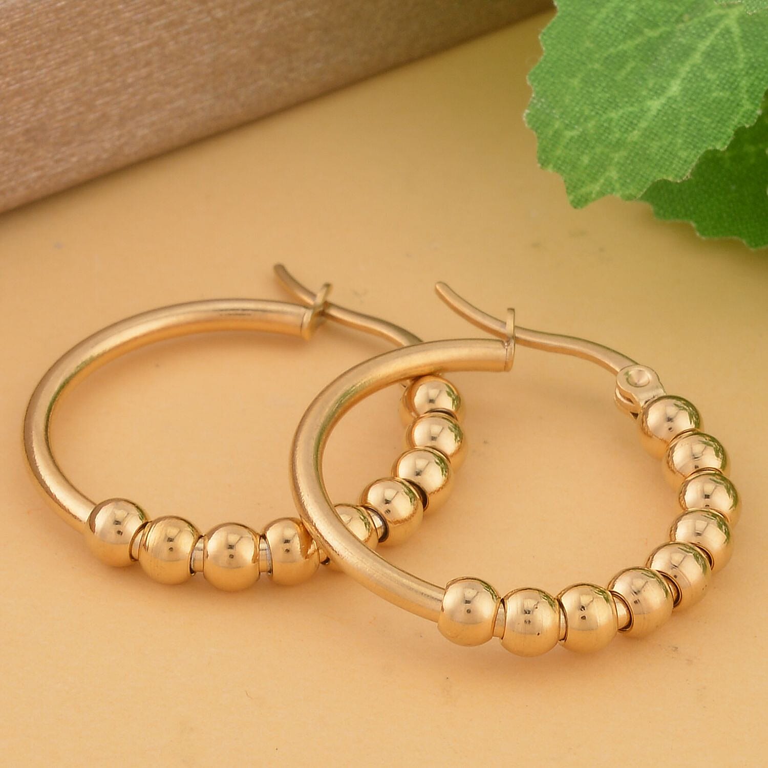 25mm Beaded Hoop Earrings in ION Plated YG Stainless Steel , Tarnish-Free, Waterproof, Sweat Proof Jewelry