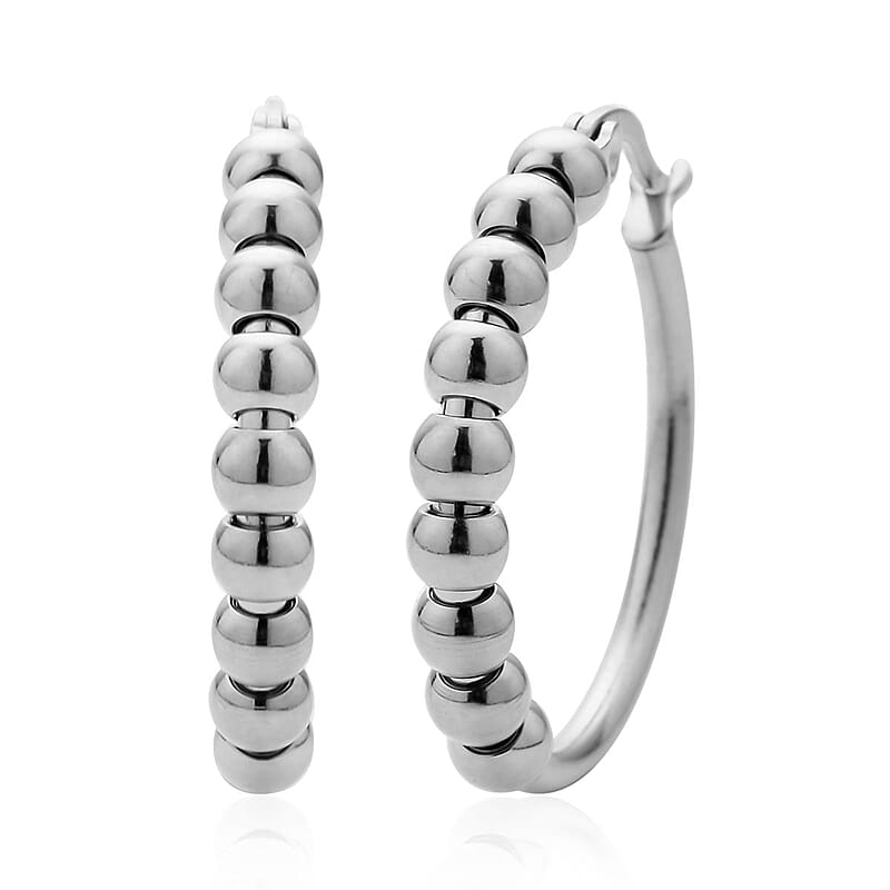 25mm Beaded Hoop Earrings in Stainless Steel , Tarnish-Free, Waterproof, Sweat Proof Jewelry