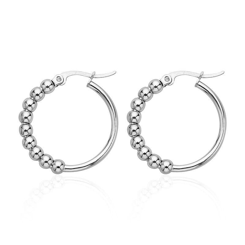 25mm Beaded Hoop Earrings in Stainless Steel , Tarnish-Free, Waterproof, Sweat Proof Jewelry