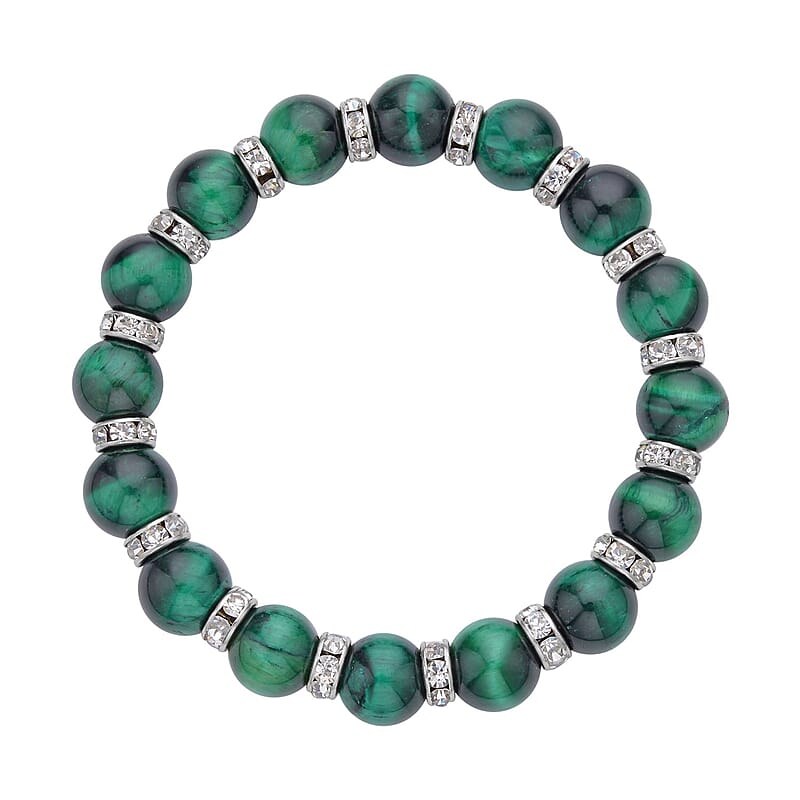Green Tiger's Eye and White Austrian Crystal Beaded Stretch Bracelet 120.00 ctw
