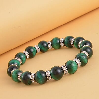 Green Tiger's Eye and White Austrian Crystal Beaded Stretch Bracelet 120.00 ctw