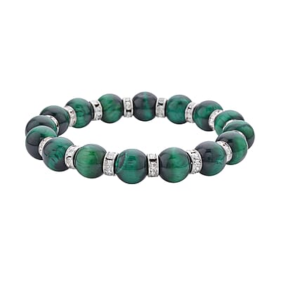 Green Tiger's Eye and White Austrian Crystal Beaded Stretch Bracelet 120.00 ctw