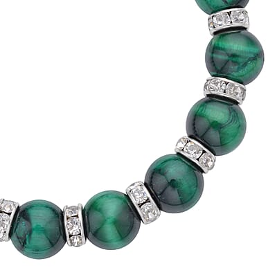 Green Tiger's Eye and White Austrian Crystal Beaded Stretch Bracelet 120.00 ctw