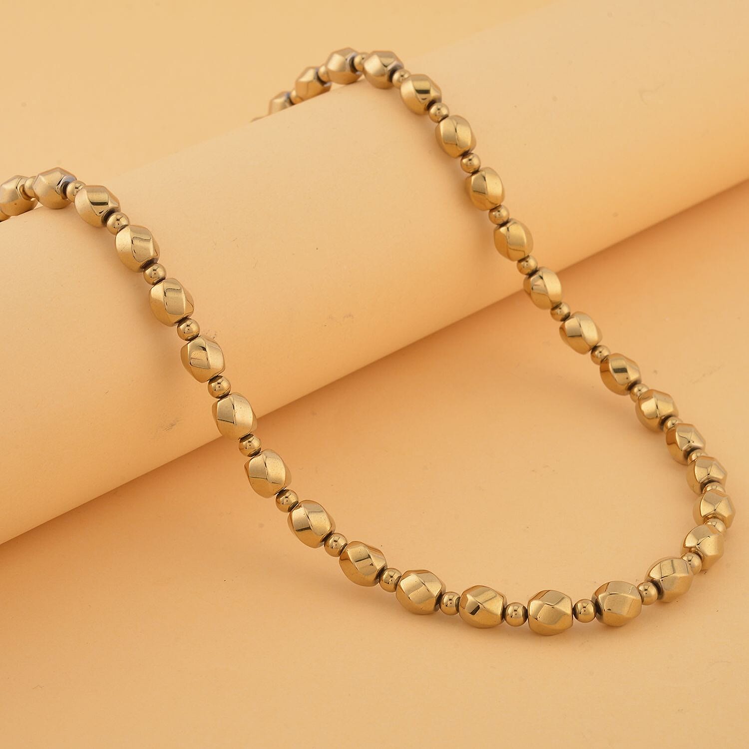 Yellow Gold Color Plated Hematite Beaded Necklace 20 Inches in Silvertone 323.00 ctw