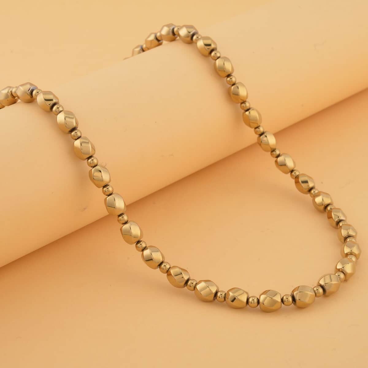 Yellow Gold Color Plated Hematite Beaded Necklace 20 Inches in Silvertone 323.00 ctw image number 1