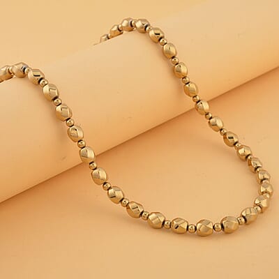 Yellow Gold Color Plated Hematite Beaded Necklace 20 Inches in Silvertone 323.00 ctw