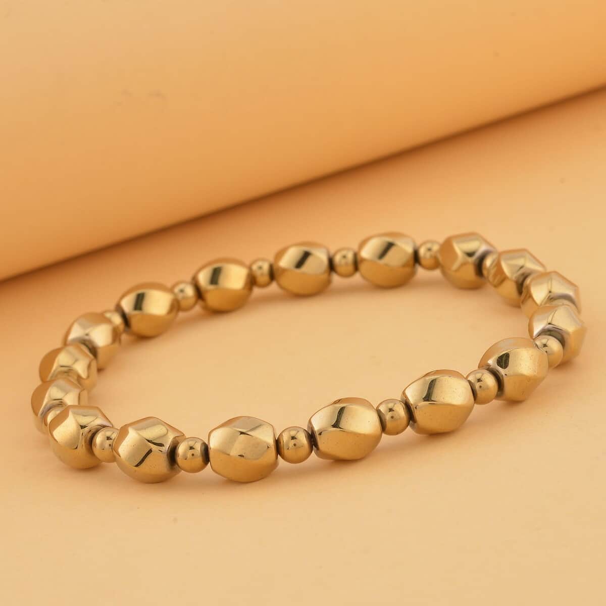 Yellow Gold Plated Hematite Beaded Stretch Bracelet 134.50 ctw image number 1