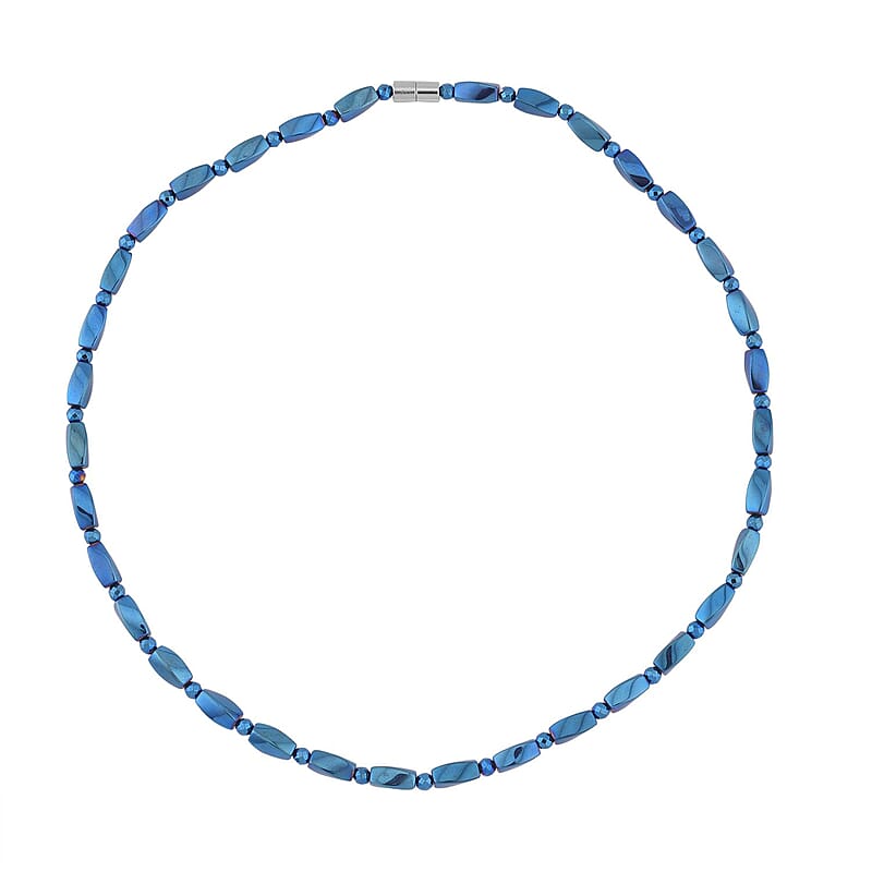 Blue Plated Hematite 221.00 ctw Beaded Necklace with Magnetic Clasp in Silvertone 20 Inches