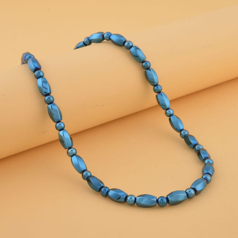 Blue Plated Hematite 353.50 ctw Beaded Necklace With Magnetic Clasp in Silvertone 20 Inches