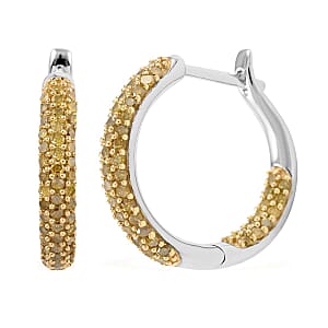 Yellow Diamond Hoop Earrings in Rhodium & Platinum Over Sterling Silver 1.00 ctw