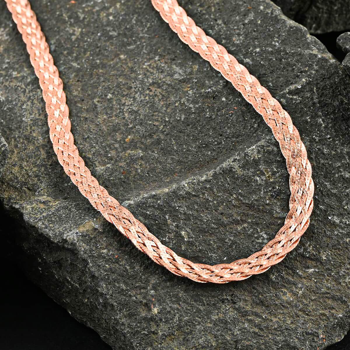 14K RG Over Sterling Silver Braided Herringbone Necklace, Silver Chain Necklace (20 Inches) image number 1