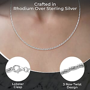 3 Row Twist Spring Omega Necklace, Rhodium Over Sterling Silver Necklace, 18 Inch Necklace  2.7mm 12.60 Grams