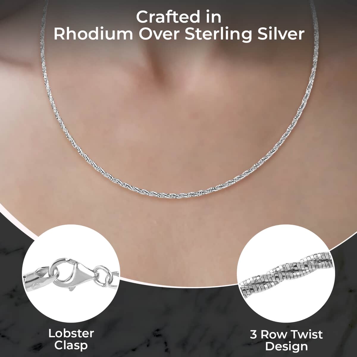3 Row Twist Spring Omega Necklace, Rhodium Over Sterling Silver Necklace, 18 Inch Necklace  2.7mm 12.60 Grams image number 2