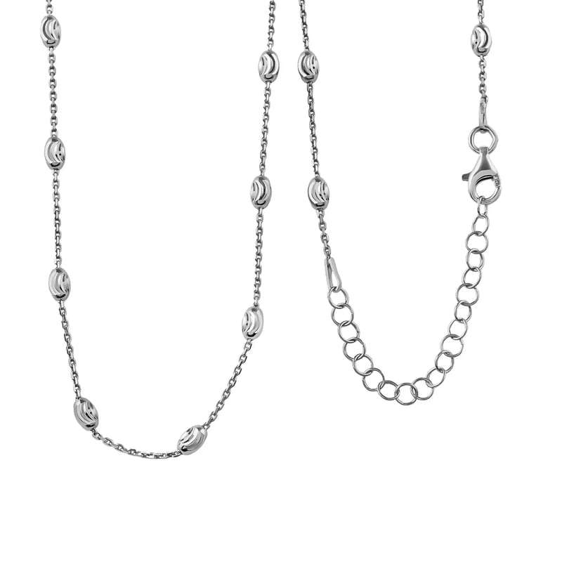 Sterling Silver 3mm Station Oval Moon Diamond Cut Chain Necklace 18-20 Inches 4.40 Grams