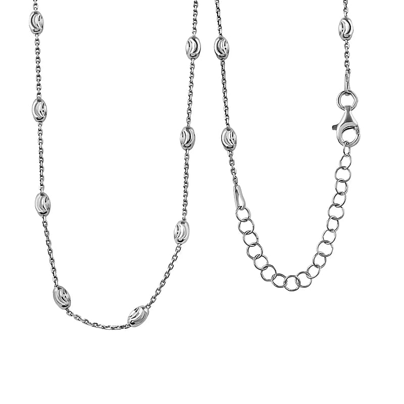 Sterling Silver 3mm Station Oval Moon Diamond Cut Chain Necklace 18-20 Inches 4.40 Grams