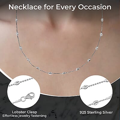 Sterling Silver 3mm Station Oval Moon Diamond Cut Chain Necklace 18-20 Inches 4.40 Grams