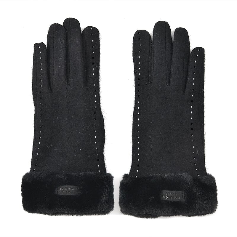 Black Cashmere Warm Gloves with Faux Fur and Equipped Touch Screen Friendly