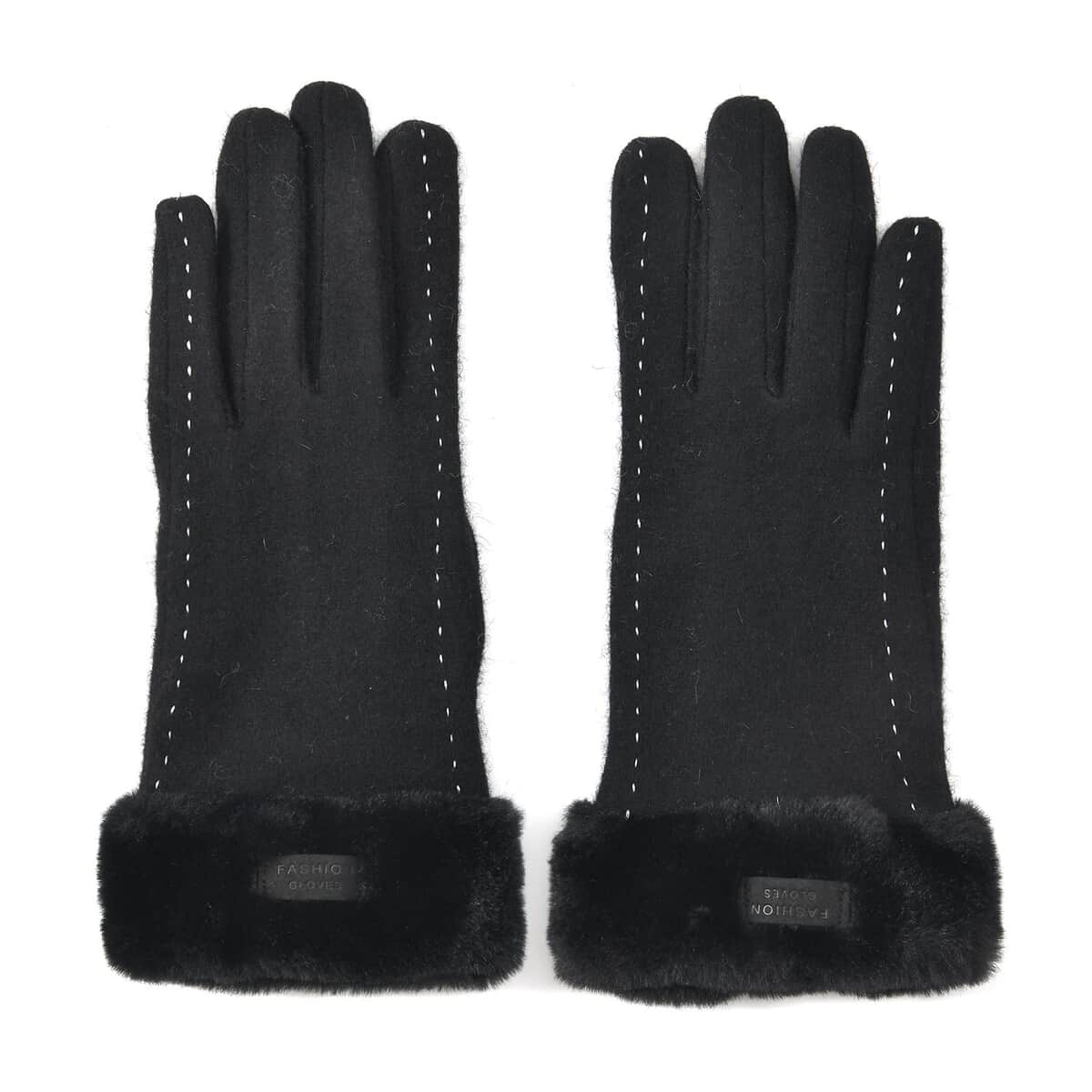 Black Cashmere Warm Gloves with Faux Fur and Equipped Touch Screen Friendly (9.2"x3.54") image number 0