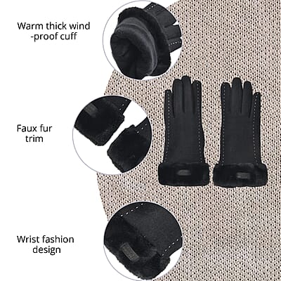 Black Cashmere Warm Gloves with Faux Fur and Equipped Touch Screen Friendly