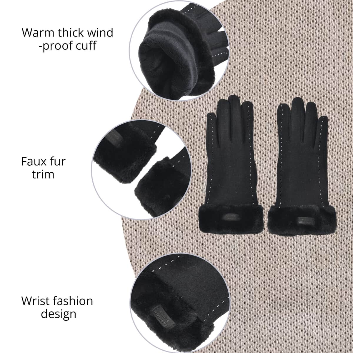 Black Cashmere Warm Gloves with Faux Fur and Equipped Touch Screen Friendly (9.2"x3.54") image number 2