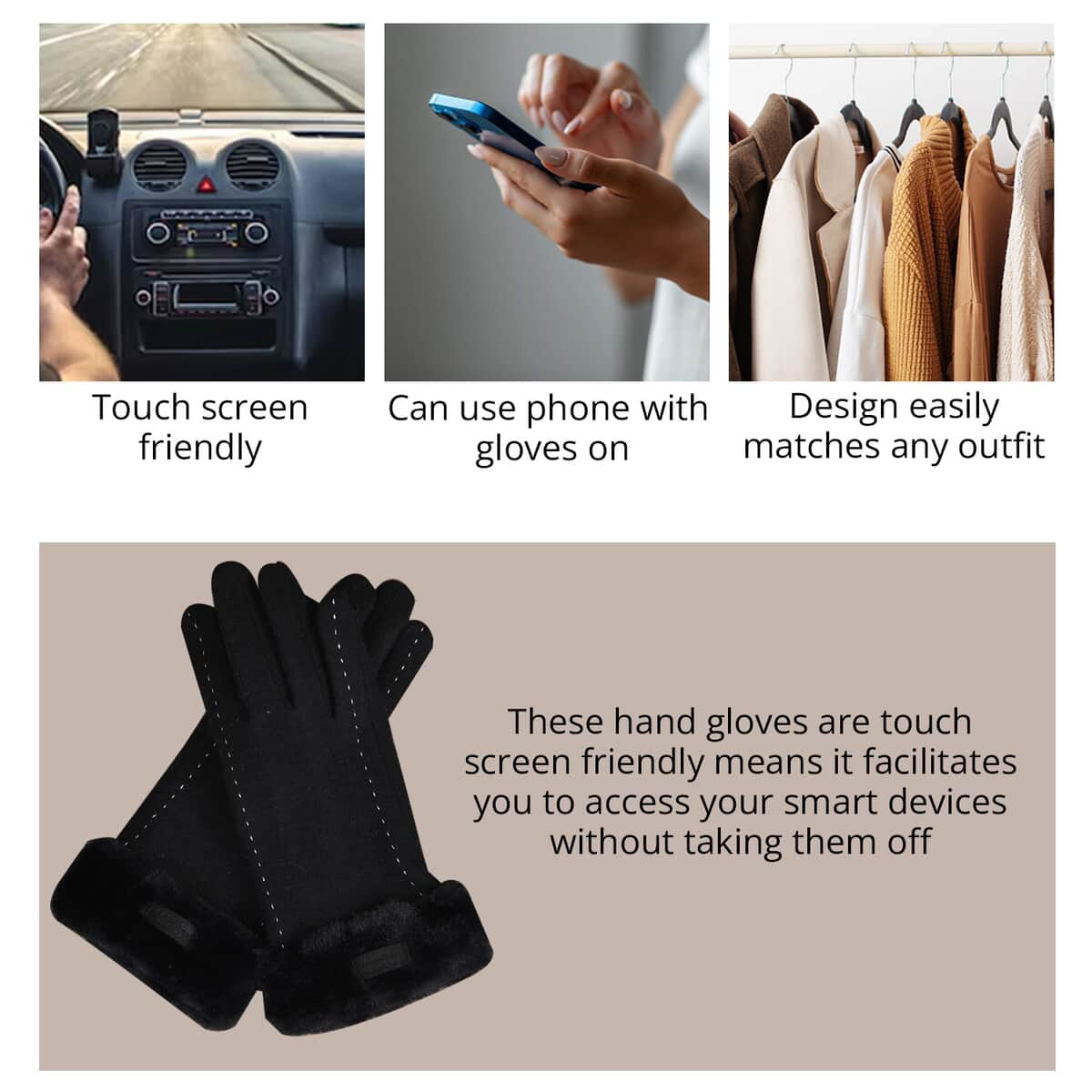 Black Cashmere Warm Gloves with Faux Fur and Equipped Touch Screen Friendly (9.2"x3.54") image number 3