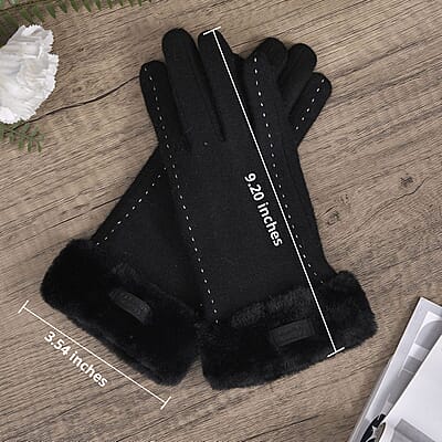 Black Cashmere Warm Gloves with Faux Fur and Equipped Touch Screen Friendly