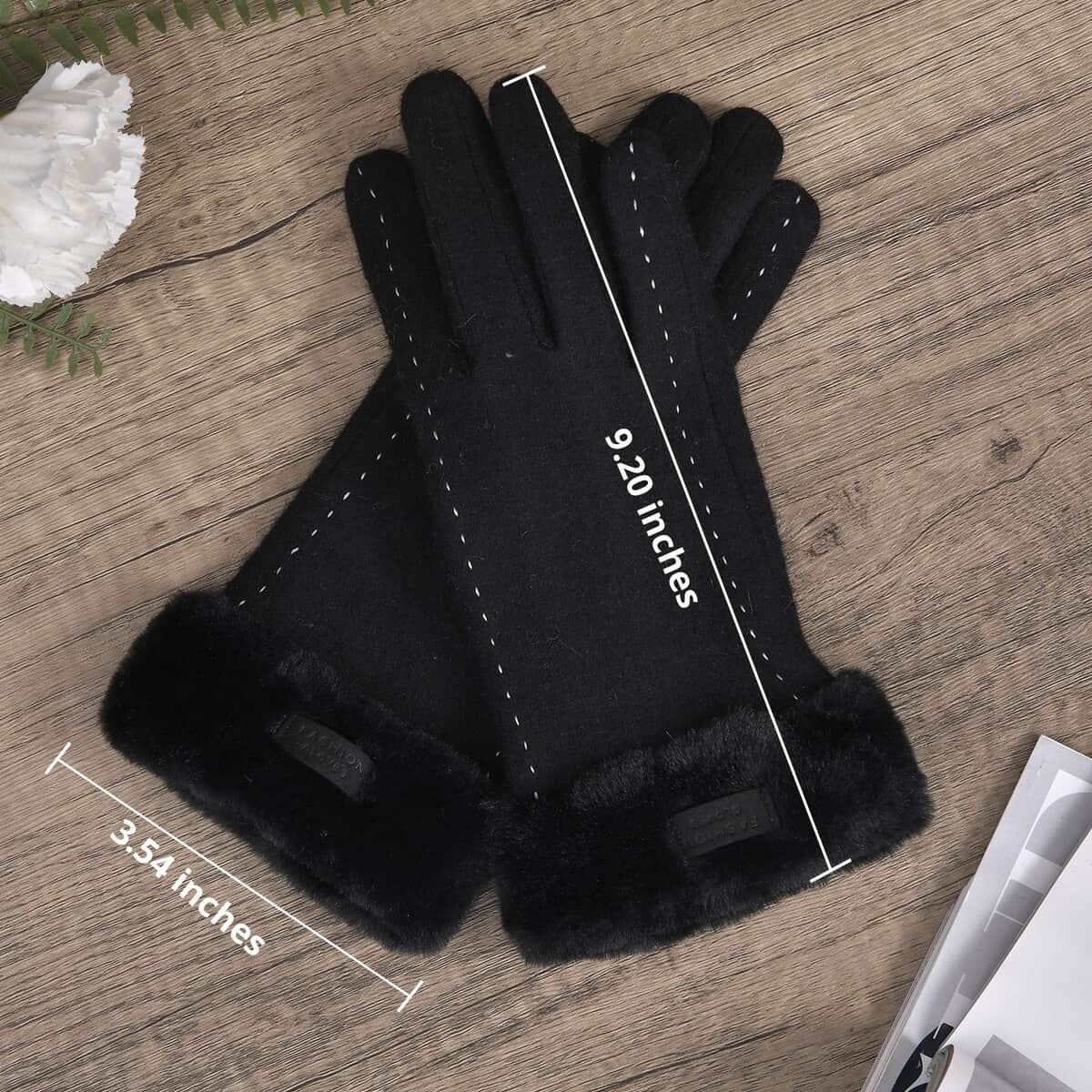 Black Cashmere Warm Gloves with Faux Fur and Equipped Touch Screen Friendly (9.2"x3.54") image number 4
