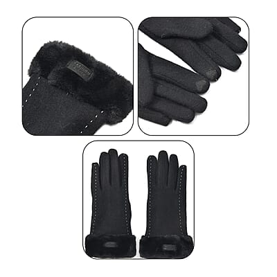 Black Cashmere Warm Gloves with Faux Fur and Equipped Touch Screen Friendly