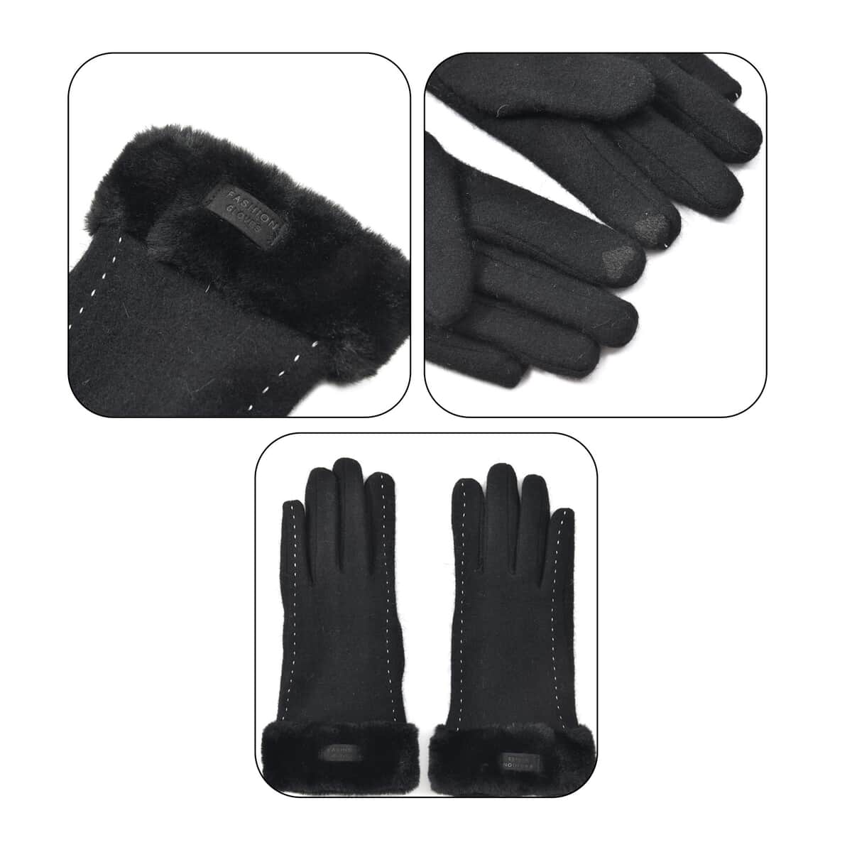 Black Cashmere Warm Gloves with Faux Fur and Equipped Touch Screen Friendly (9.2"x3.54") image number 5