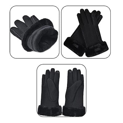 Black Cashmere Warm Gloves with Faux Fur and Equipped Touch Screen Friendly