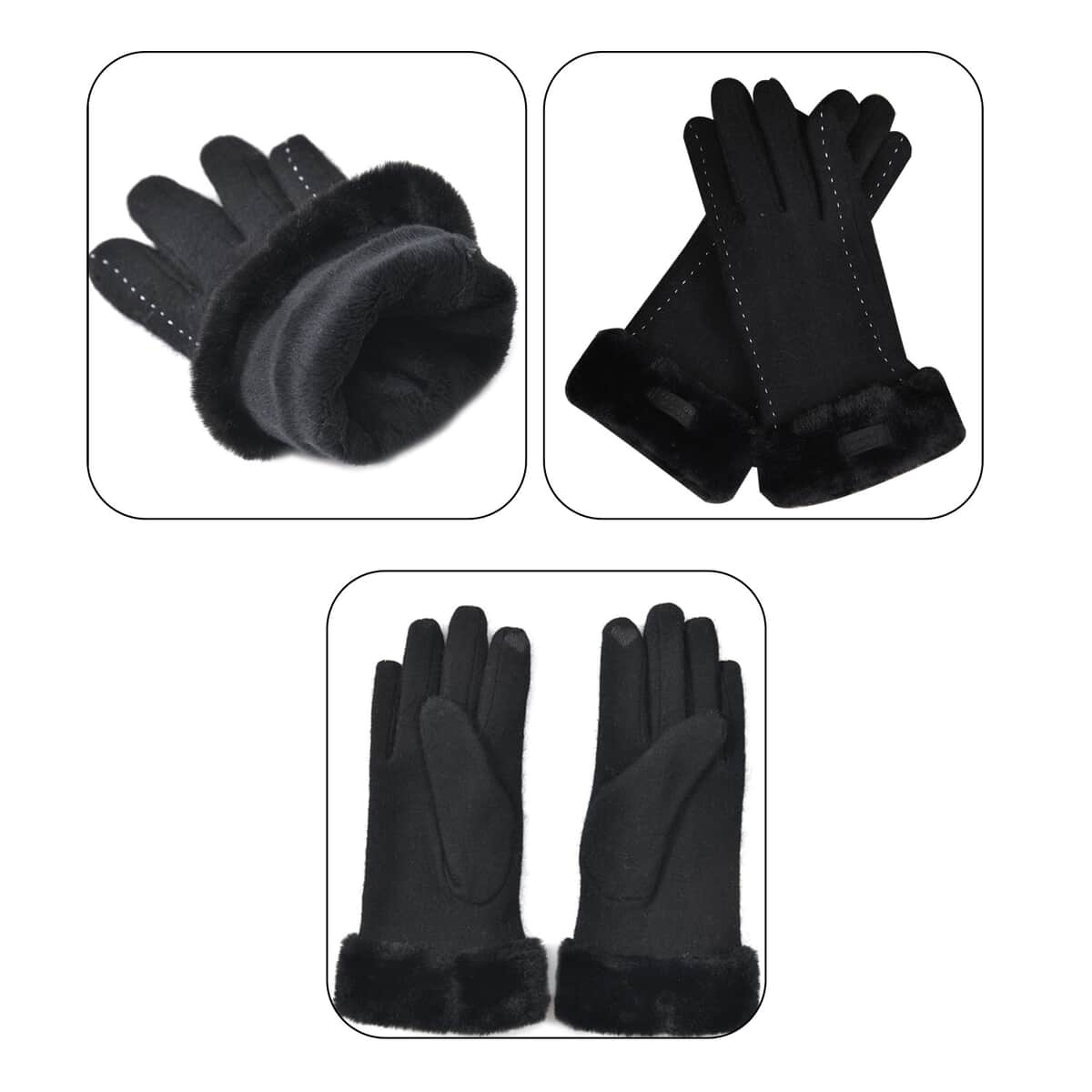 Black Cashmere Warm Gloves with Faux Fur and Equipped Touch Screen Friendly (9.2"x3.54") image number 6