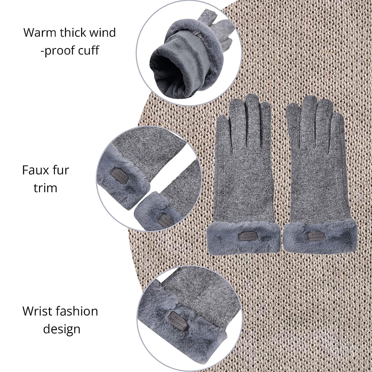 Gray Cashmere Warm Gloves with Faux Fur and Equipped Touch Screen Friendly image number 2