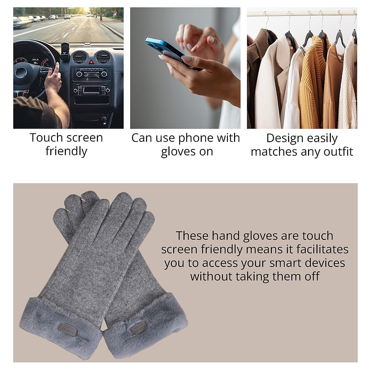 Gray Cashmere Warm Gloves with Faux Fur and Equipped Touch Screen Friendly image number 3