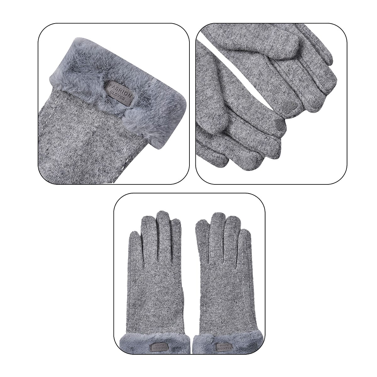 Gray Cashmere Warm Gloves with Faux Fur and Equipped Touch Screen Friendly image number 5