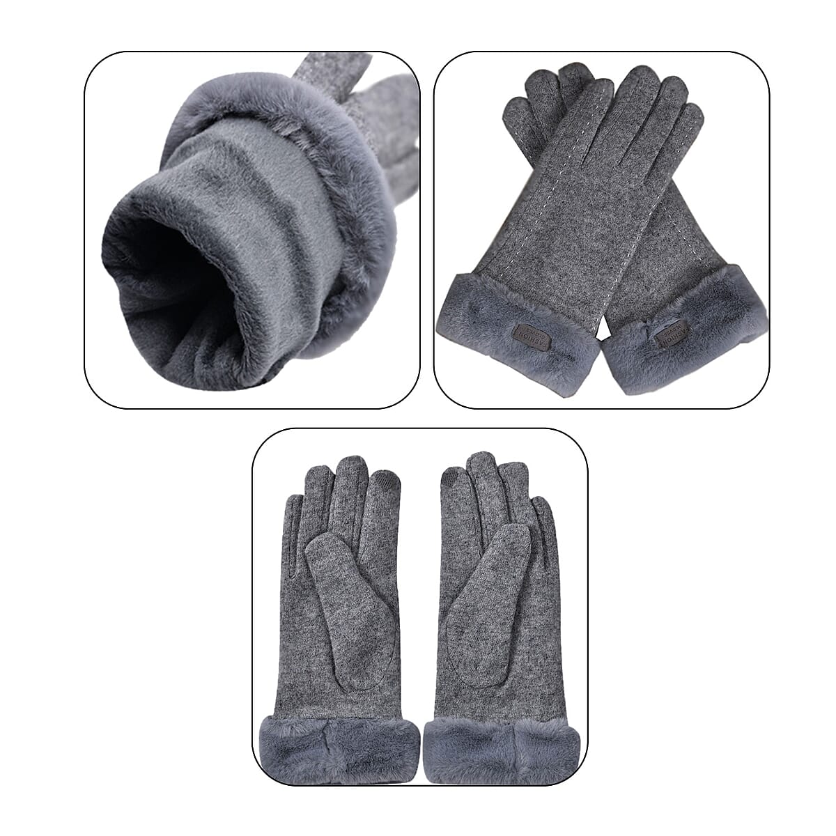 Gray Cashmere Warm Gloves with Faux Fur and Equipped Touch Screen Friendly image number 6